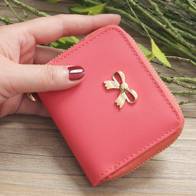 New Solid Color Bow Women's PU Leather Zipper Wallet