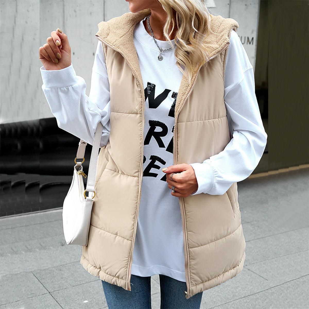 Winter Vest Women Loose Commuting Mid-length Hooded Cotton Jacket With Pockets Fashion Warm Zipper Fluffy Coat Outdoor Clothing - Nioor