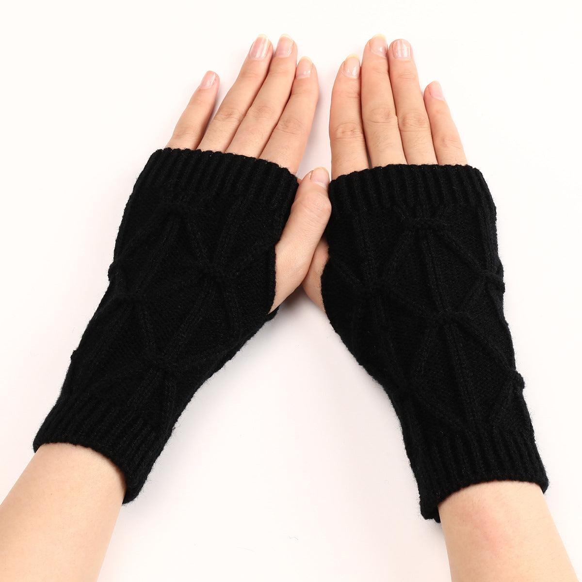 Rhombus Fashion Oversleeve Knitted Wool Keep Warm Half Finger Gloves - Nioor