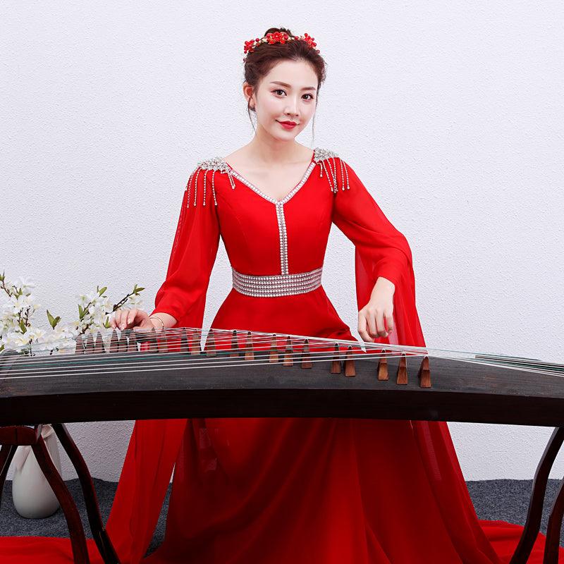 The Red Long Guzheng Performance Dress Is Elegant And Slim - Nioor