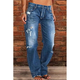 Women's Denim Trend Mid Waist Ripped Leisure Straight-leg Pants - Nioor