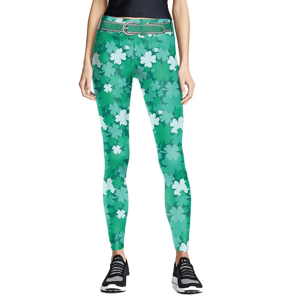 Digital Printed Green Leaf Elastic Slim Fit Running Pants Yoga Pants - Nioor