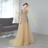 Gold High End Flying Sleeve Long Evening Dress - Nioor