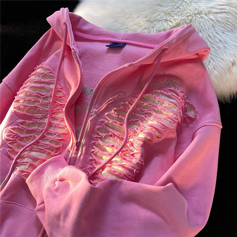 Fish Scale Falling Shoulder Strip Broken Butterfly Hooded Cardigan Sweatshirt - Nioor