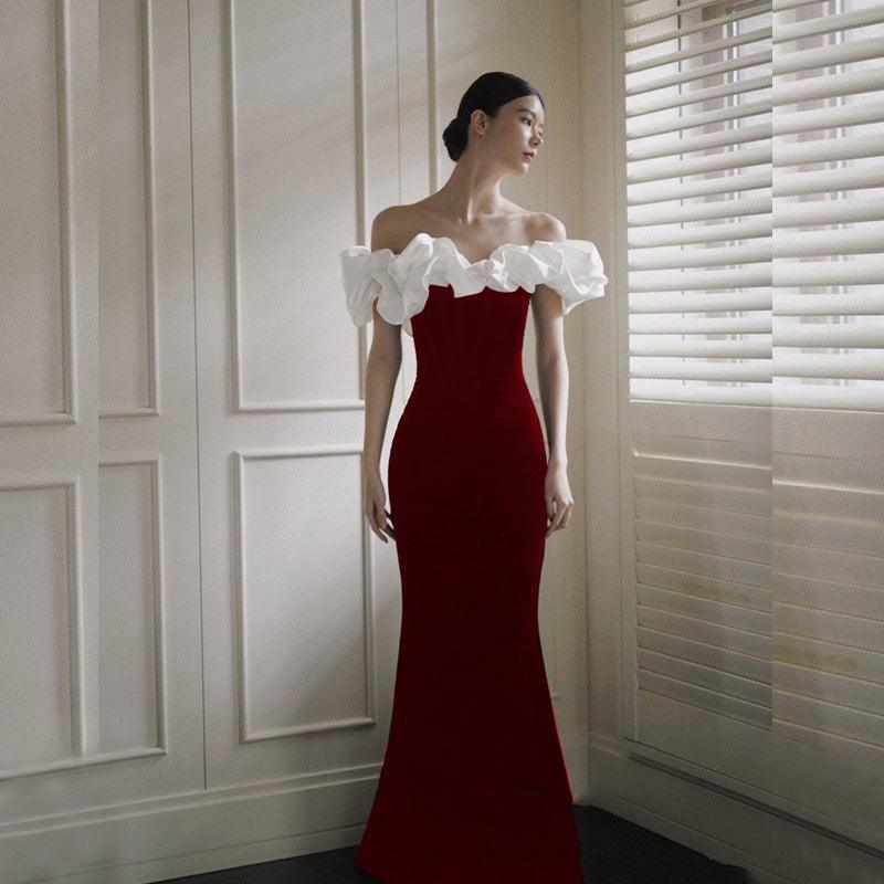 French Satin Evening Dress New Bridal Off-shoulder Elegant Fishtail Welcome Dress - Nioor