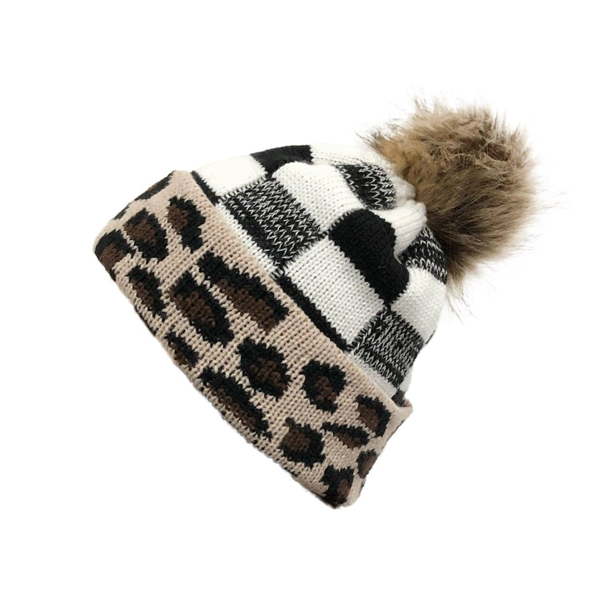 Plaid Fur Ball Knitted Hat Women's Warm Beanie Hat Jacquard Hat Woolen Cap Sleeve Cap - Nioor