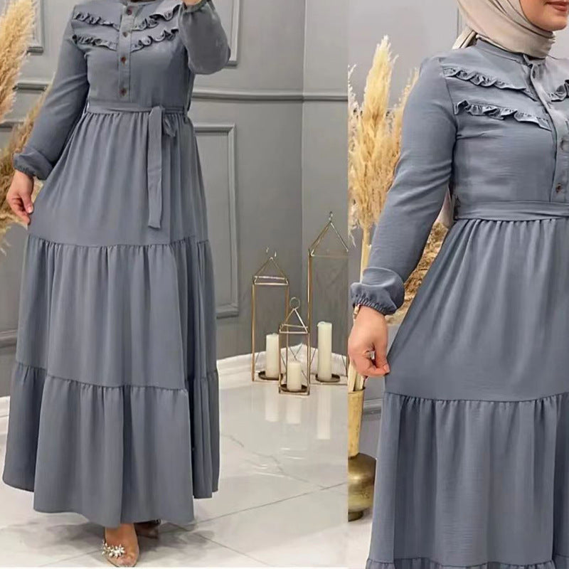 New Muslim Robe Solid Color With Belt Fashion Casual Dress