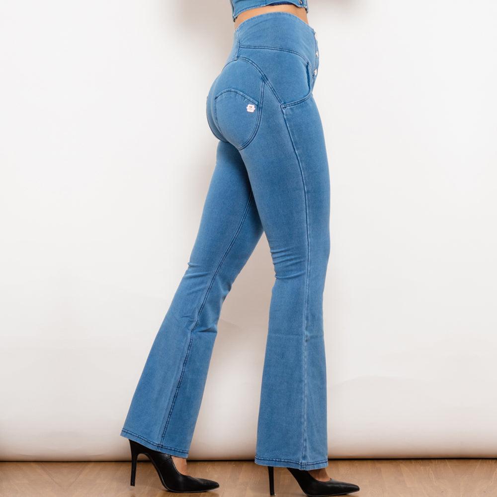 Shascullfites Melody Light Blue Flared Lift Jeggings Button Up Jeans Shaping Jeans Women High Waist Flare Jeans - Nioor