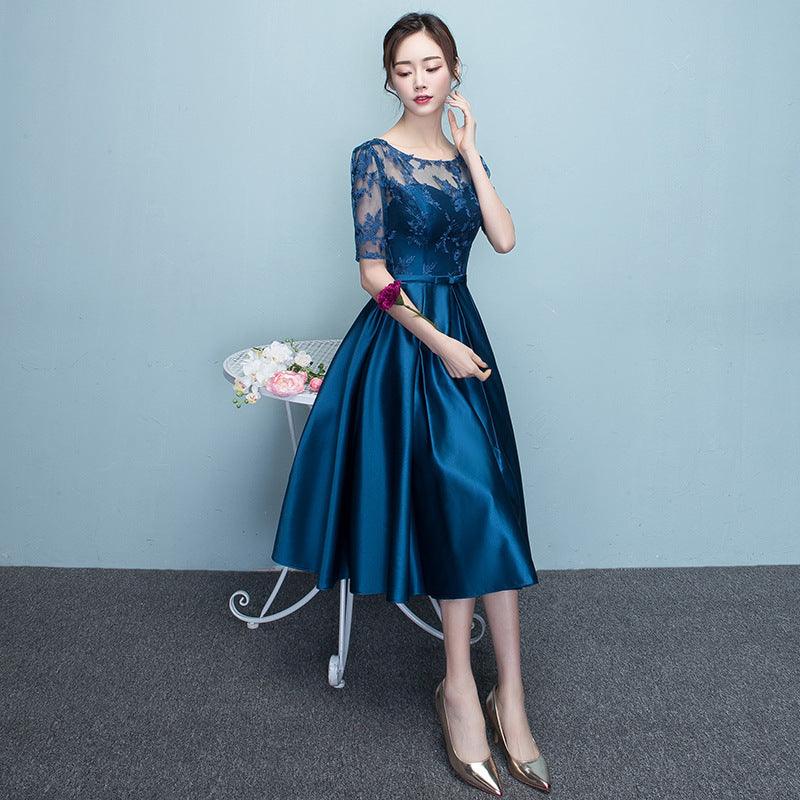 Western Style Summer Banquet Mid-length Elegant Party Blue Slim-looking Annual Party Evening Dress - Nioor