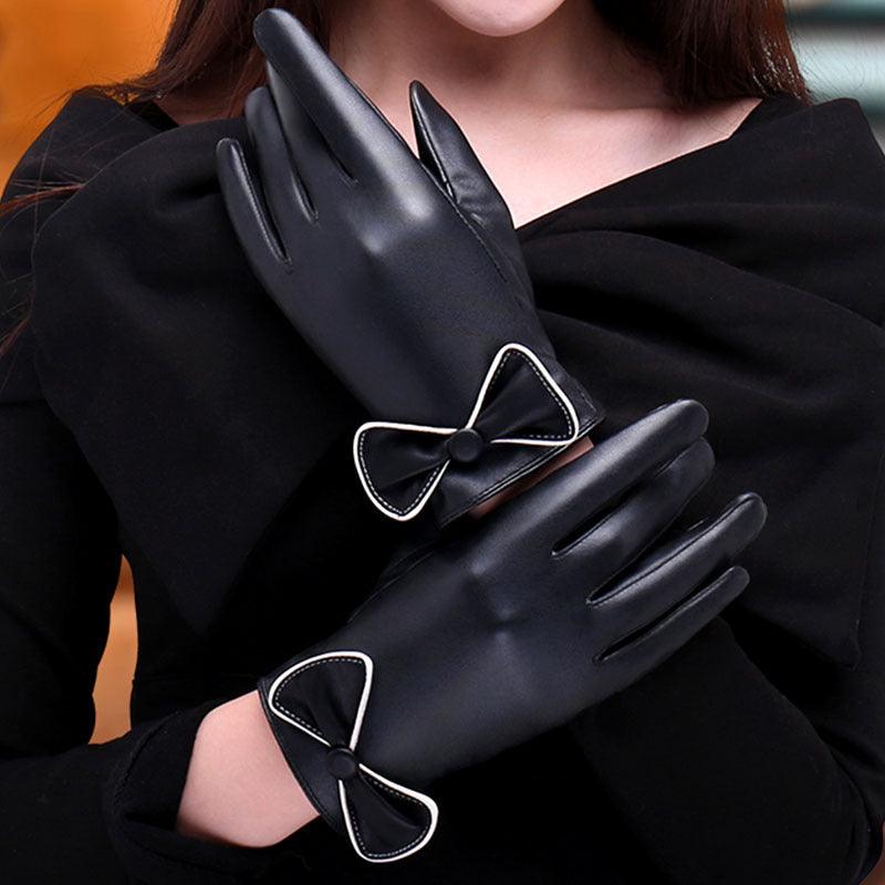 Women's Full-touch Screen PU Leather Warm Cycling Fashion Cute Bow Gloves - Nioor