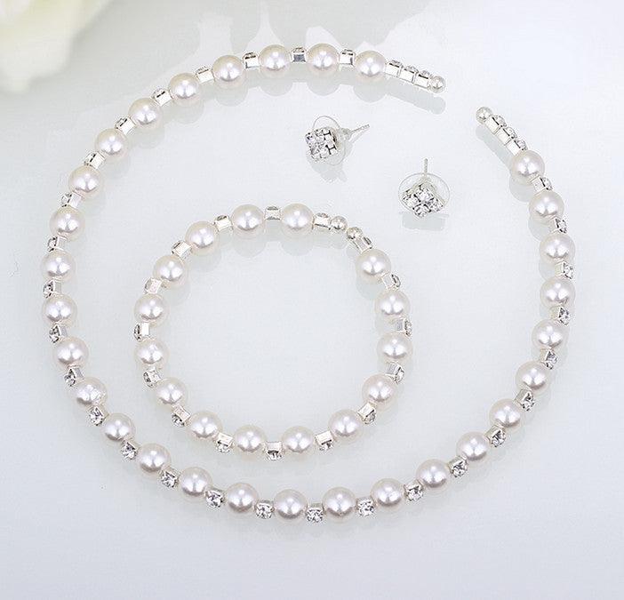 Bridal bridal accessories 8MM handmade pearls, Rhinestone necklaces, necklaces, bracelets, earrings, three sets of suits - Nioor