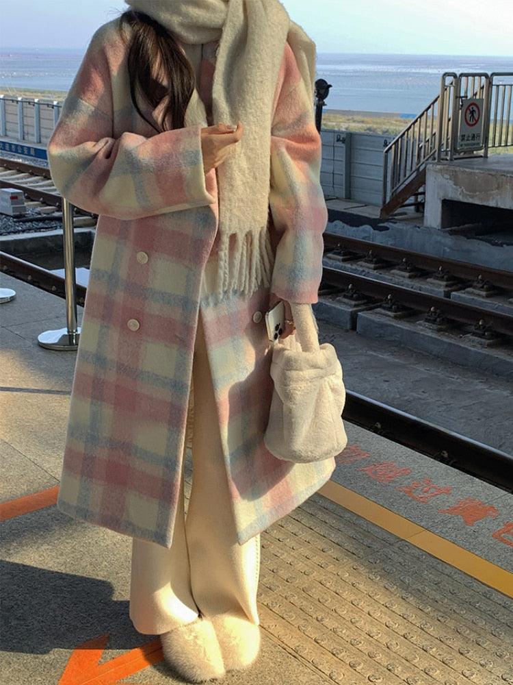 Gorgeous Rainbow Woolen Womens Long Coat Korean Style - Nioor