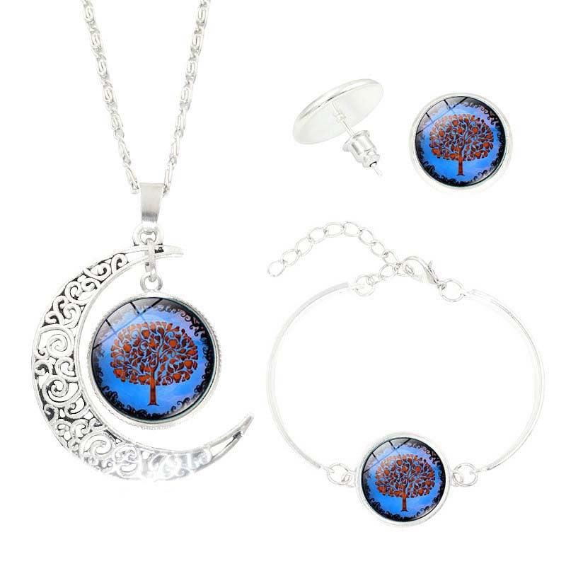 Tree of Life Time Gemstone Earrings Jewelry Necklace Set - Nioor