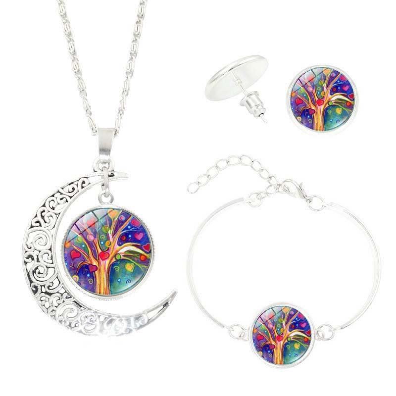 Tree of Life Time Gemstone Earrings Jewelry Necklace Set - Nioor