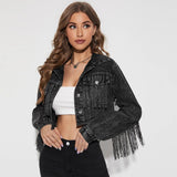 Women's Fashionable Fringed Stitching Distressed Denim Jacket - Nioor