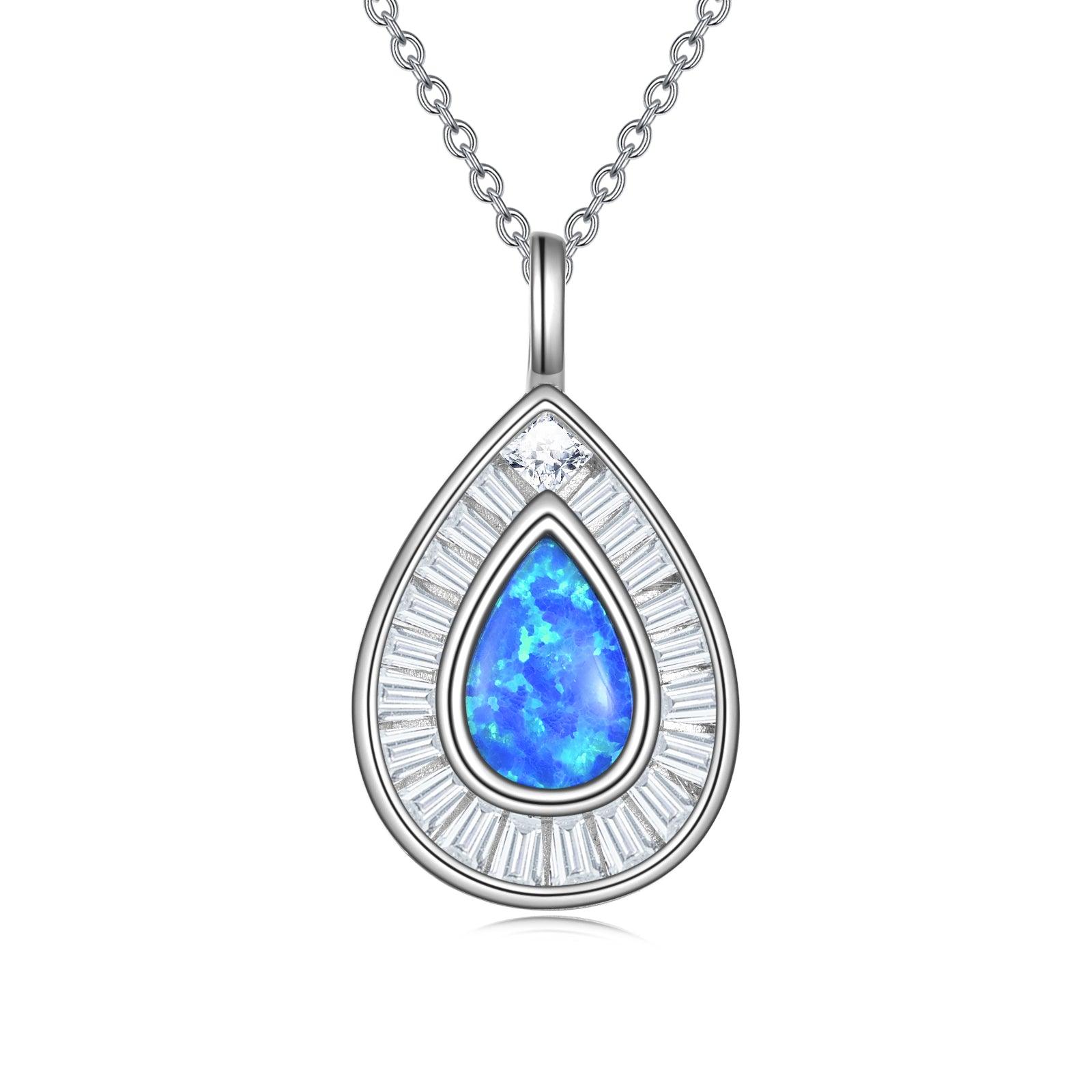 Sterling Silver Blue Opal Teardrop Necklace Jewelry for Women - Nioor