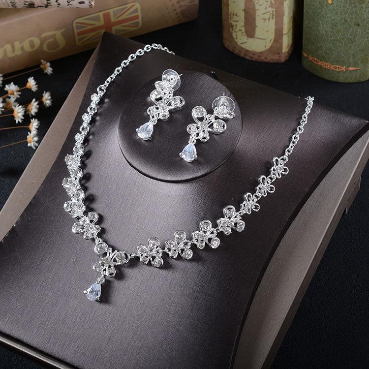 TL216 White Rhinestone Necklace Earrings Set Zircon Butterfly Pendant Earrings Pierced Drop Bride Two Piece - Nioor