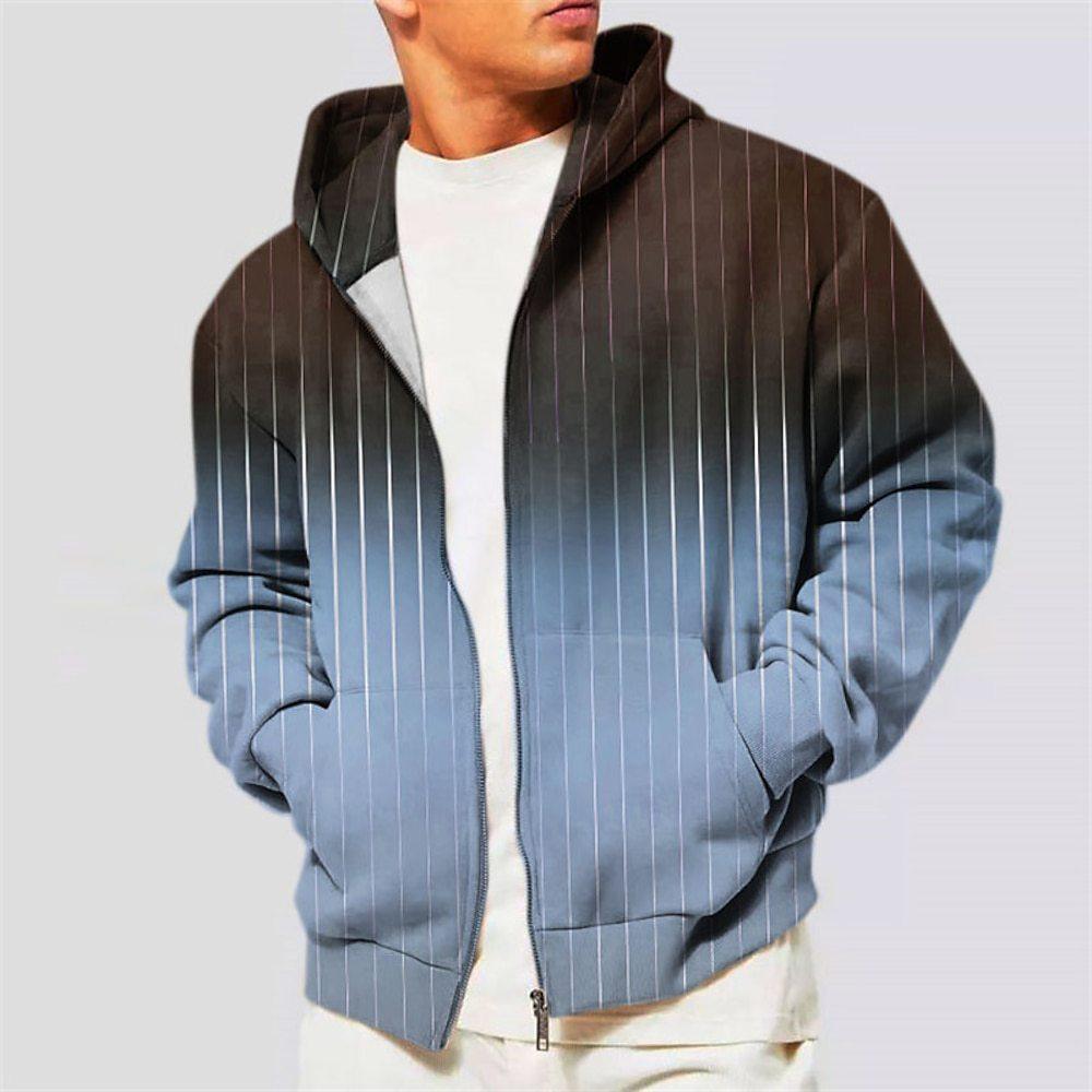 Men's Hoodie Jacket Coat Zipper Hooded Sweatshirt Sports Classic Casual Striped Pattern Printed Gradient Coat - Nioor