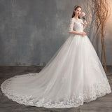 Wedding Dress Trailing Deep V Neck Lace High Waist Wedding Dress Long Sleeves - Nioor