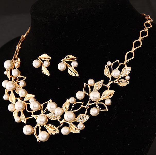 Two-Piece Set Of Pearl Four-Leaf Clover Necklace Jewelry Accessories Earrings - Nioor