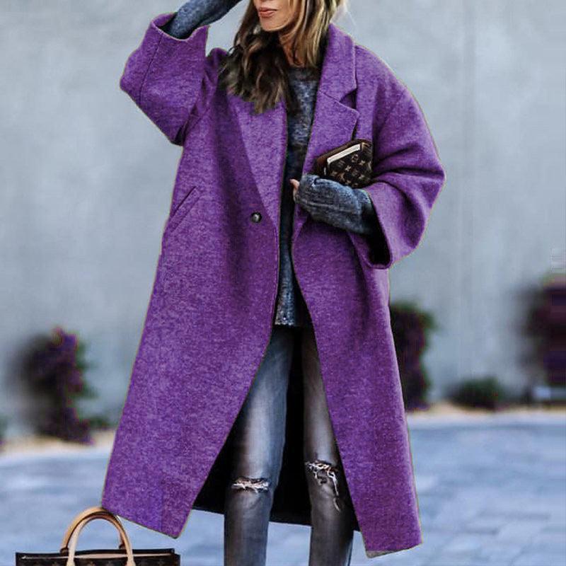 Autumn And Winter Long Woolen Color Temperament Commute No Belt Lapel Loose Woolen Green Coat - Nioor