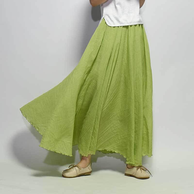 Women's Cotton Linen Elastic-waist Linen A- Line Skirt - Nioor