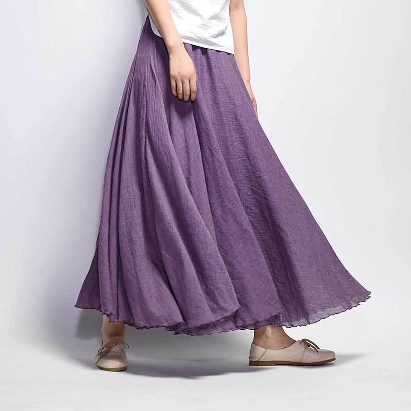 Women's Cotton Linen Elastic-waist Linen A- Line Skirt - Nioor