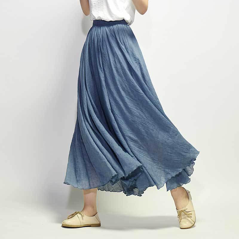 Women's Cotton Linen Elastic-waist Linen A- Line Skirt - Nioor