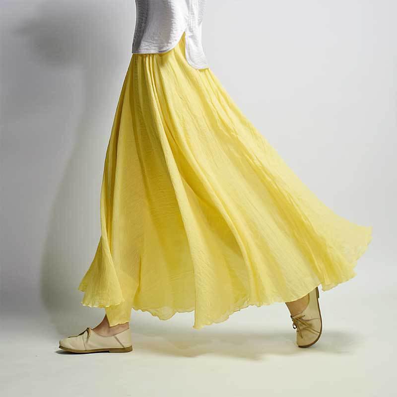 Women's Cotton Linen Elastic-waist Linen A- Line Skirt - Nioor