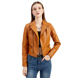 Womens Fashion Lapel Spring And Autumn Washed PU Leather Jacket - Nioor