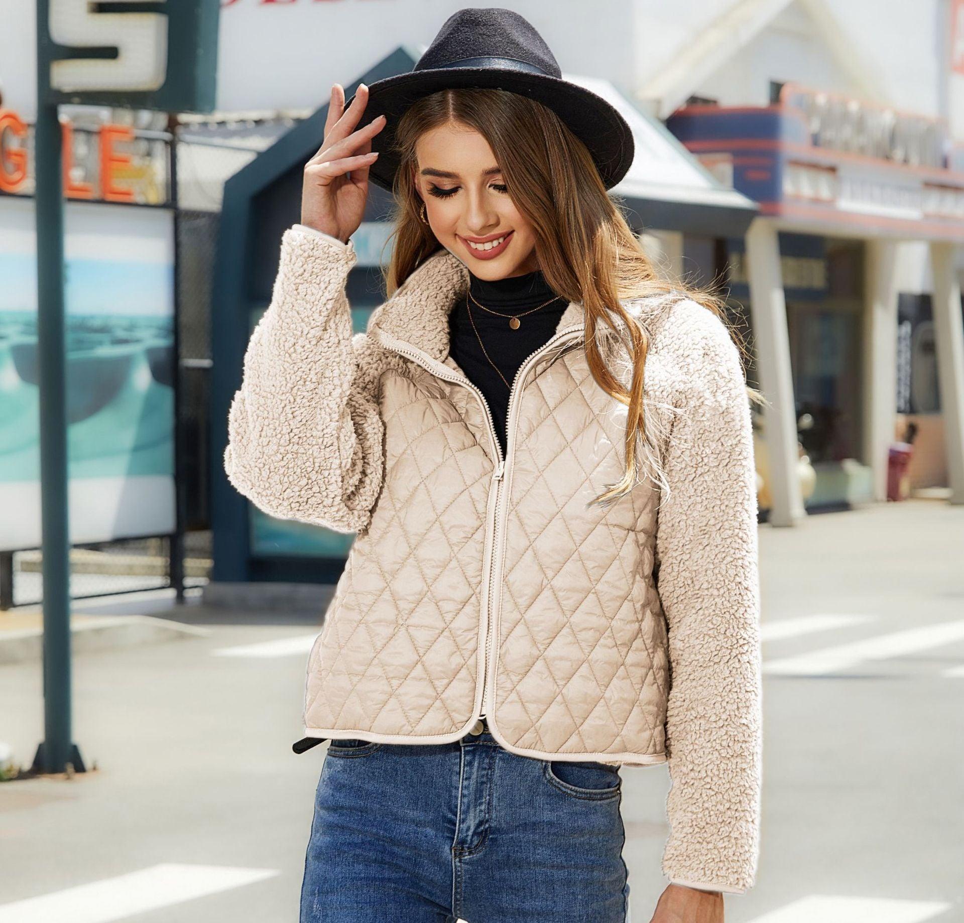 Women's Plush Jacket With Rhombus Stitching Design Clothing Fashion Winter Warm Lamb Lapel Zipper Short Coat Outwear - Nioor