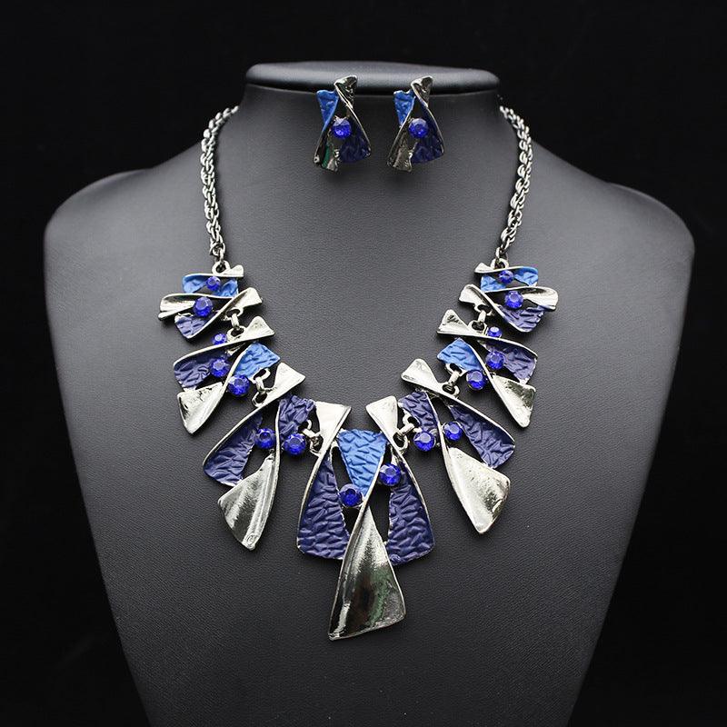 The big European and American fashion color alloy diamond necklace earrings set bride jewelry factory direct - Nioor