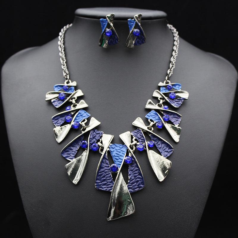 The big European and American fashion color alloy diamond necklace earrings set bride jewelry factory direct - Nioor