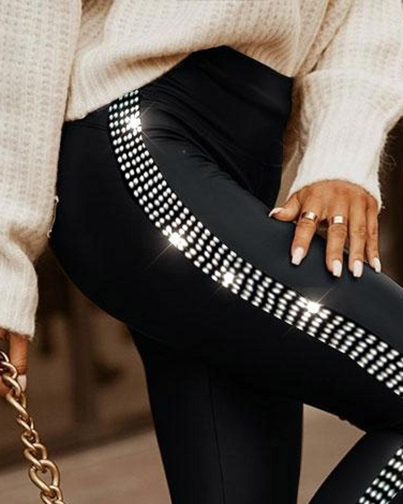 Commuter Rhinestone Small Slit Tight Trousers - Nioor