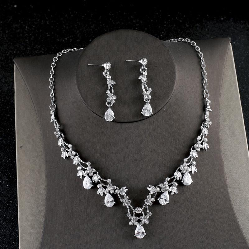 Simple Zircon Necklace Earrings Korean Bride Wedding Necklace set dinner party dress jewelry accessories - Nioor