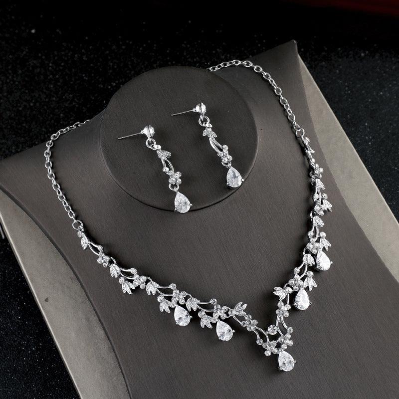 Simple Zircon Necklace Earrings Korean Bride Wedding Necklace set dinner party dress jewelry accessories - Nioor