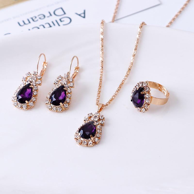 Water Drop Rhinestone Necklace Earrings Ring Set - Nioor