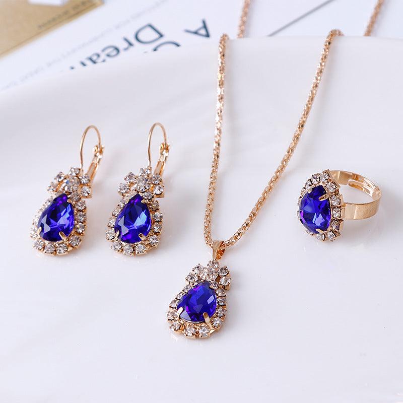 Water Drop Rhinestone Necklace Earrings Ring Set - Nioor