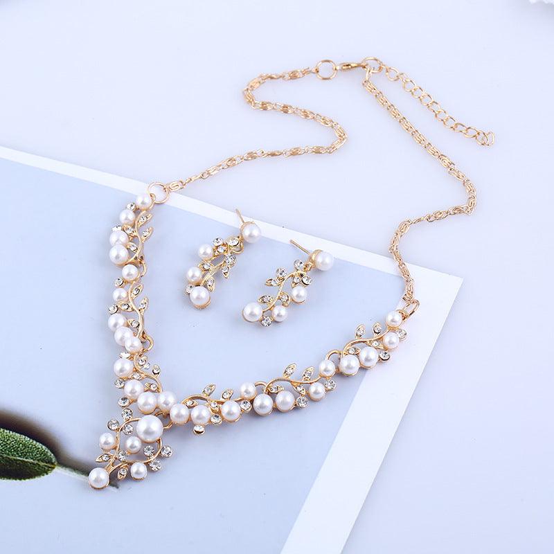 Aliexpress explosion of European and American fashion chain set sweet temperament all-match pearl diamond earrings necklace bride suit - Nioor