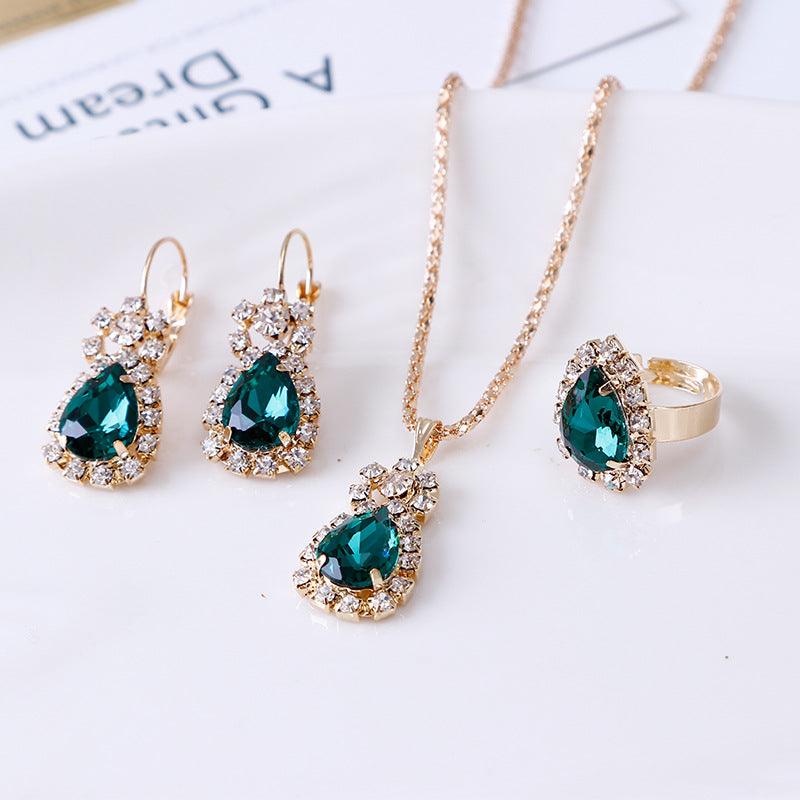 Water Drop Rhinestone Necklace Earrings Ring Set - Nioor