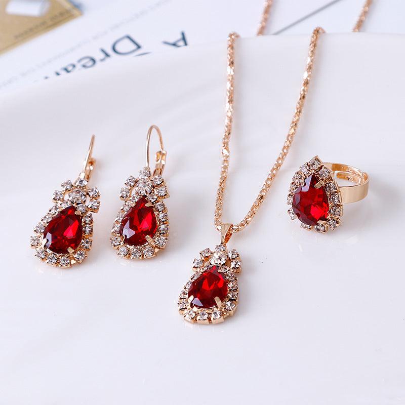 Water drop rhinestone necklace earrings ring set - Nioor