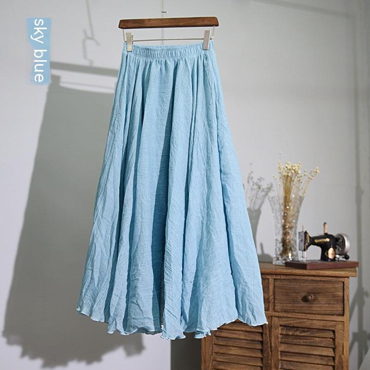 Women's Cotton Linen Elastic-waist Linen A- Line Skirt - Nioor