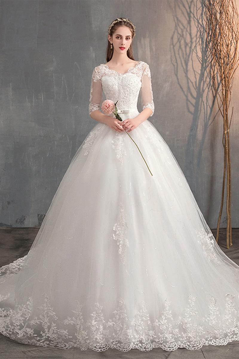 Wedding Dress Trailing Deep V Neck Lace High Waist Wedding Dress Long Sleeves - Nioor