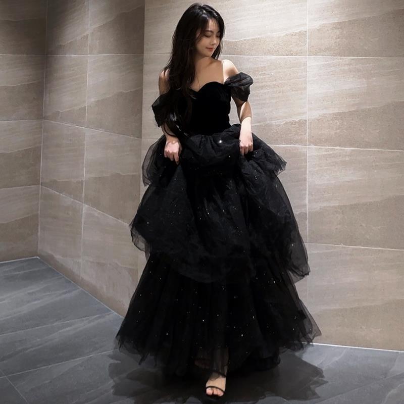 Black Evening Dress Light Luxury Minority French Style Pettiskirt - Nioor