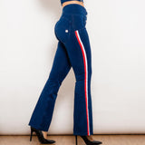 Shascullfites Melody Dark Blue Striped Flared Lift Jeggings Button Up Jeans Bum Lift Jeans High Waist Flare Jeans Women - Nioor