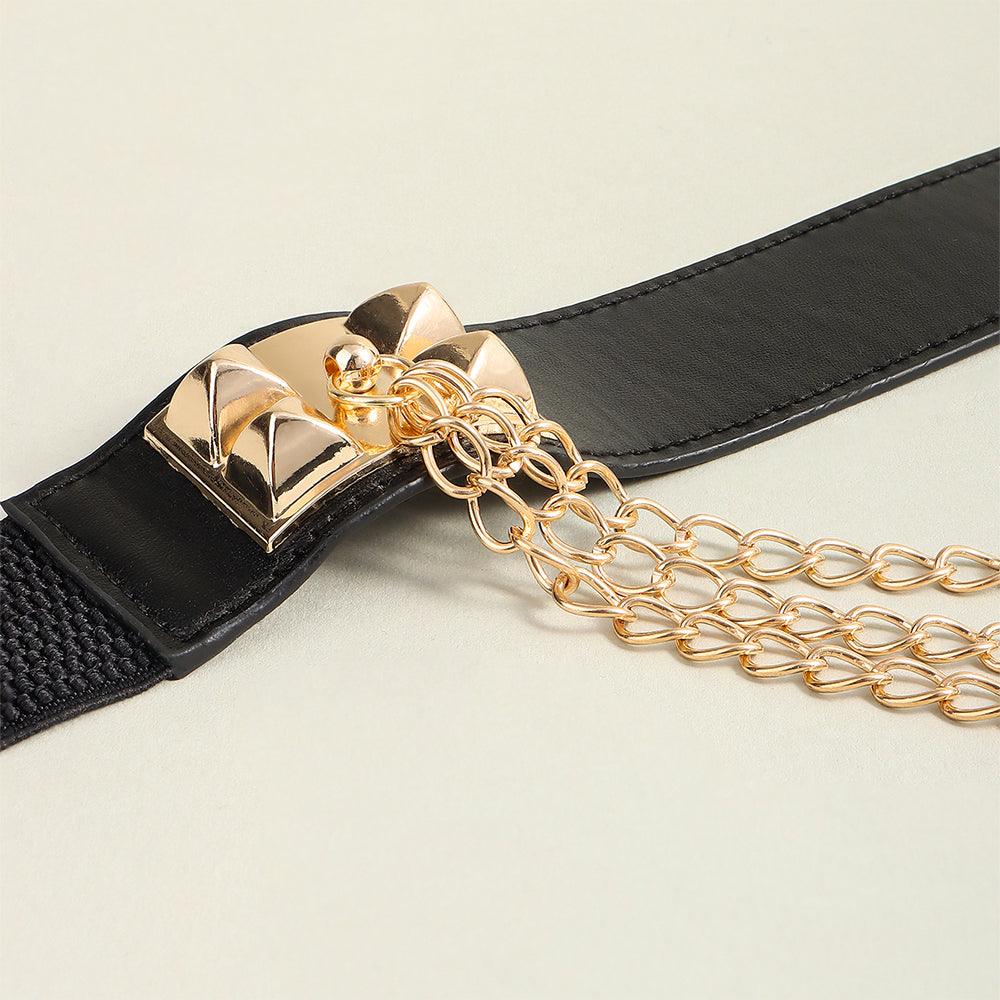 Punk Gold Rivet Chain Women's Belt Women's Elastic Stretch Wide Waist Corded Waist Black Slim Belt - Nioor