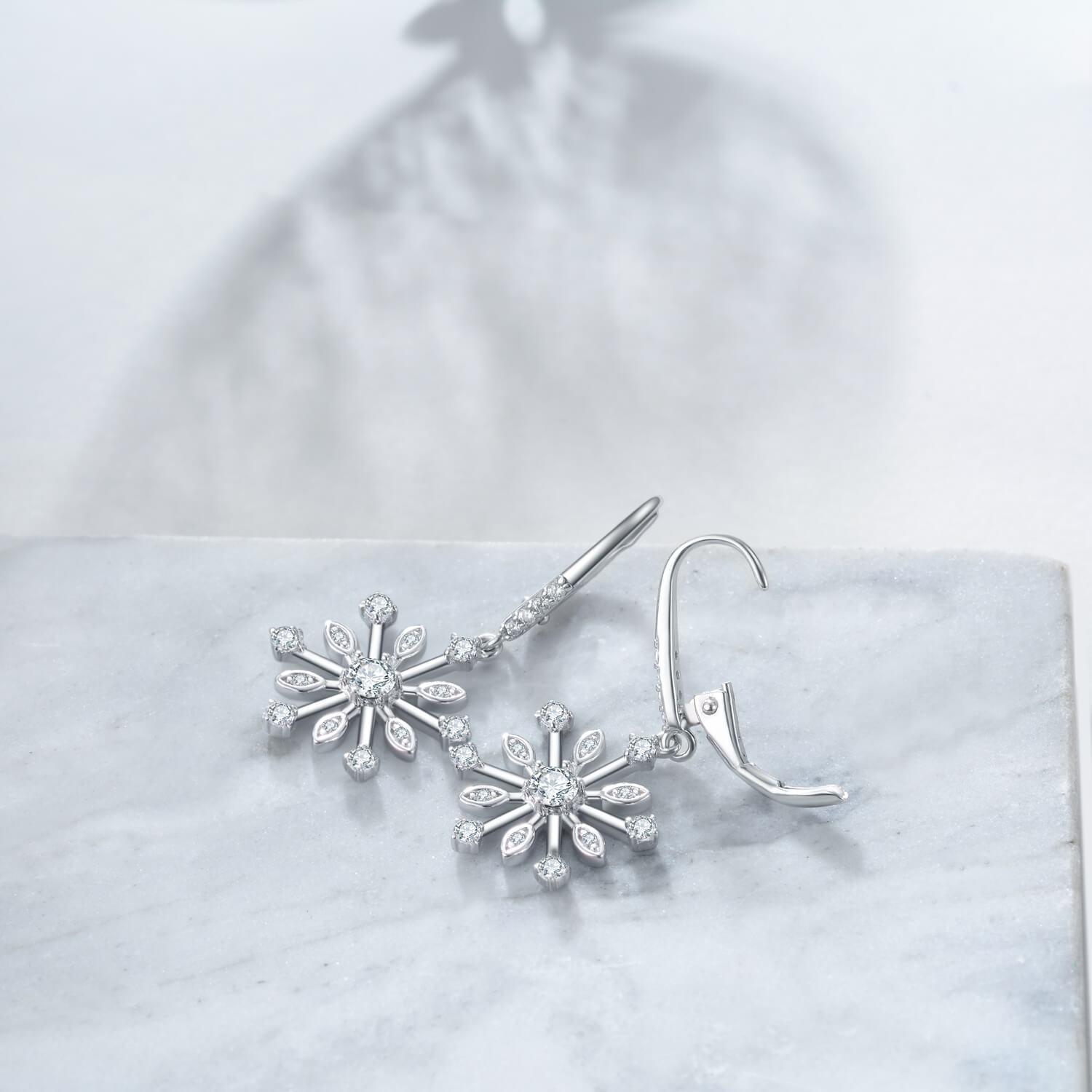 Sterling Silver Zirconia Snowflake Leverback Dangle Drop Earrings Jewelry - Nioor