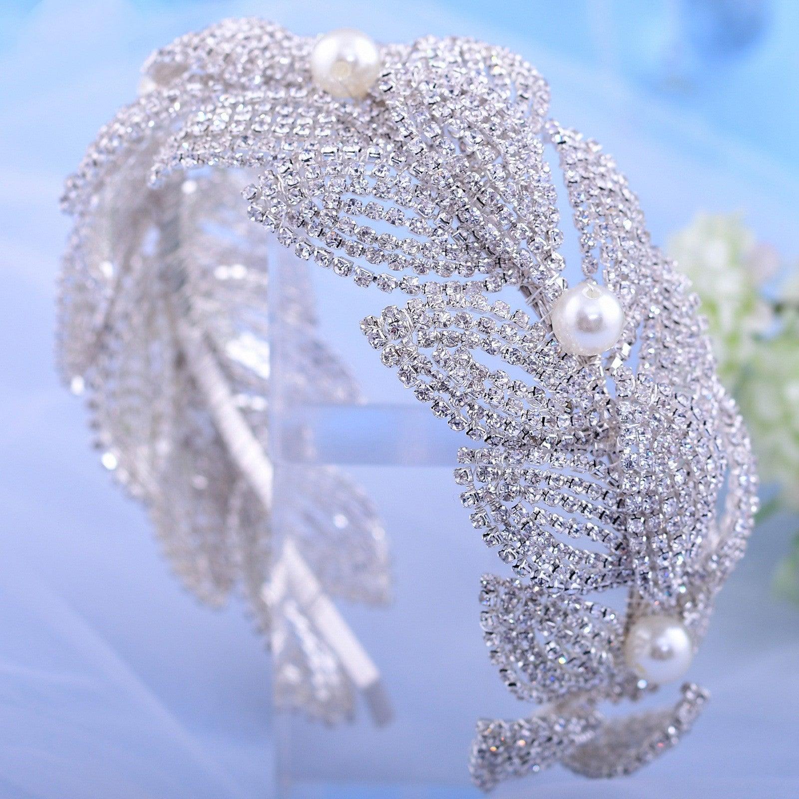 Rhinestone Leaf Handmade Headband Bridal Wedding Headdress - Nioor