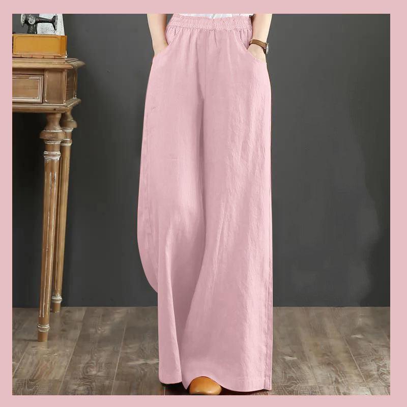 Pure Linen Plus Size Wide Leg Pants Women Drawstring Elastic - Nioor