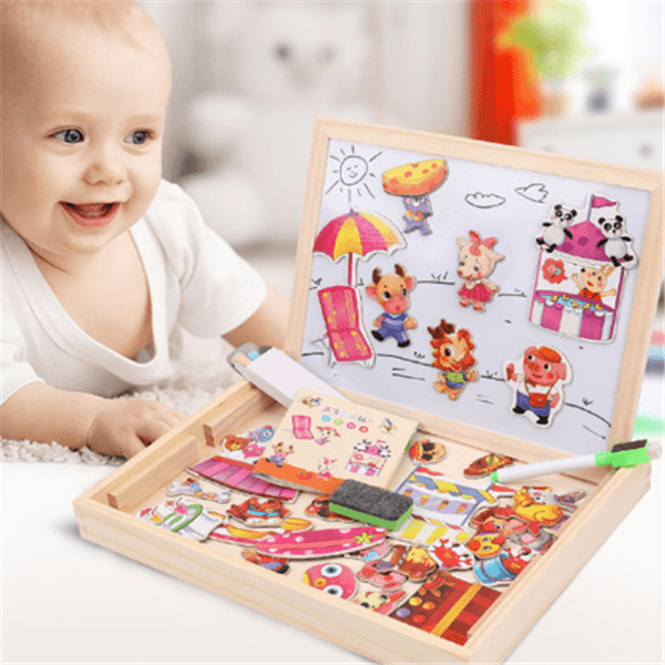 Wooden Magnetic Puzzle Toys Children 3D Puzzle Box Figure Animals Circus Writing Drawing Board Learning Education Toys For Kids - Nioor